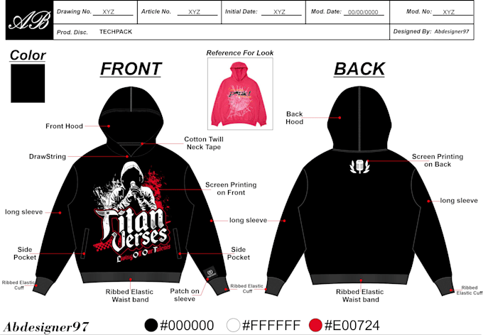 create clothing techpack, apparel design and hoodie design