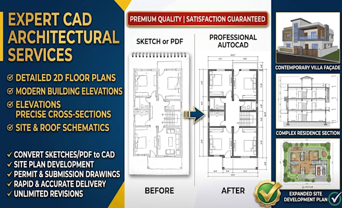 convert PDF or sketch to autocad 2d floor plan house plans