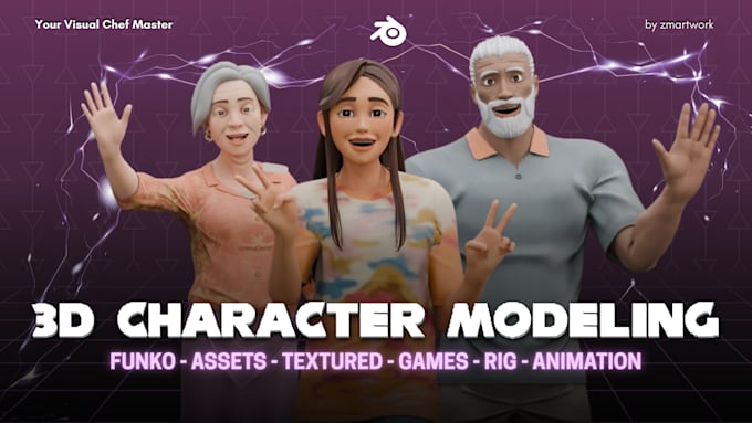 do 3d character modeling, assets, textured games, rig, animation, in blender