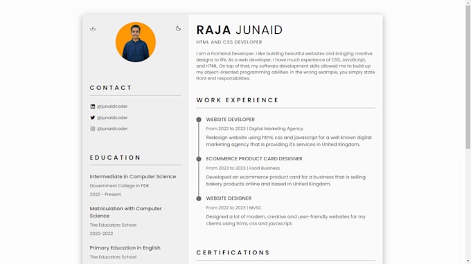 Design a professional resume cv portfolio using html and css by ...