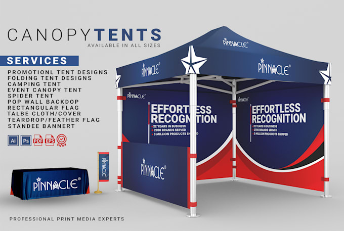 design canopy tent, table cover, feather flag, tent, or signage