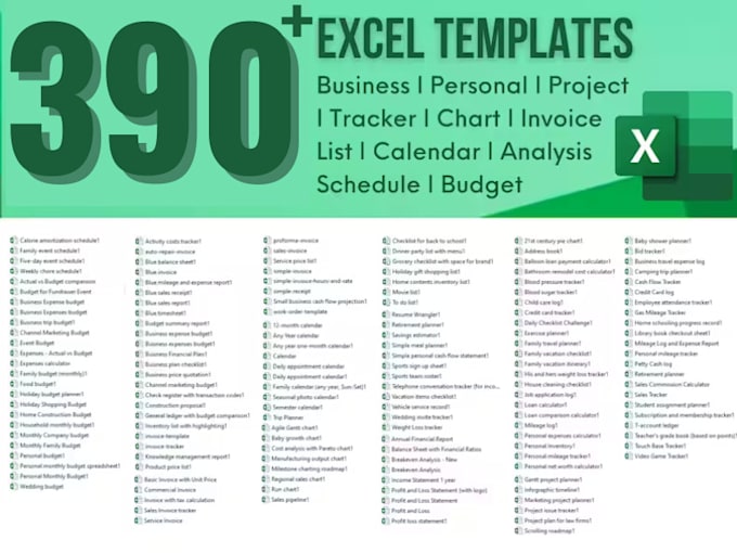 provide 390 excel templates business, personal, tracker, analysis, calendar etc