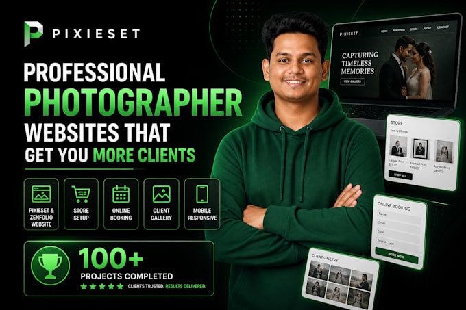 design pixieset website, client gallery, print on demand store, online booking