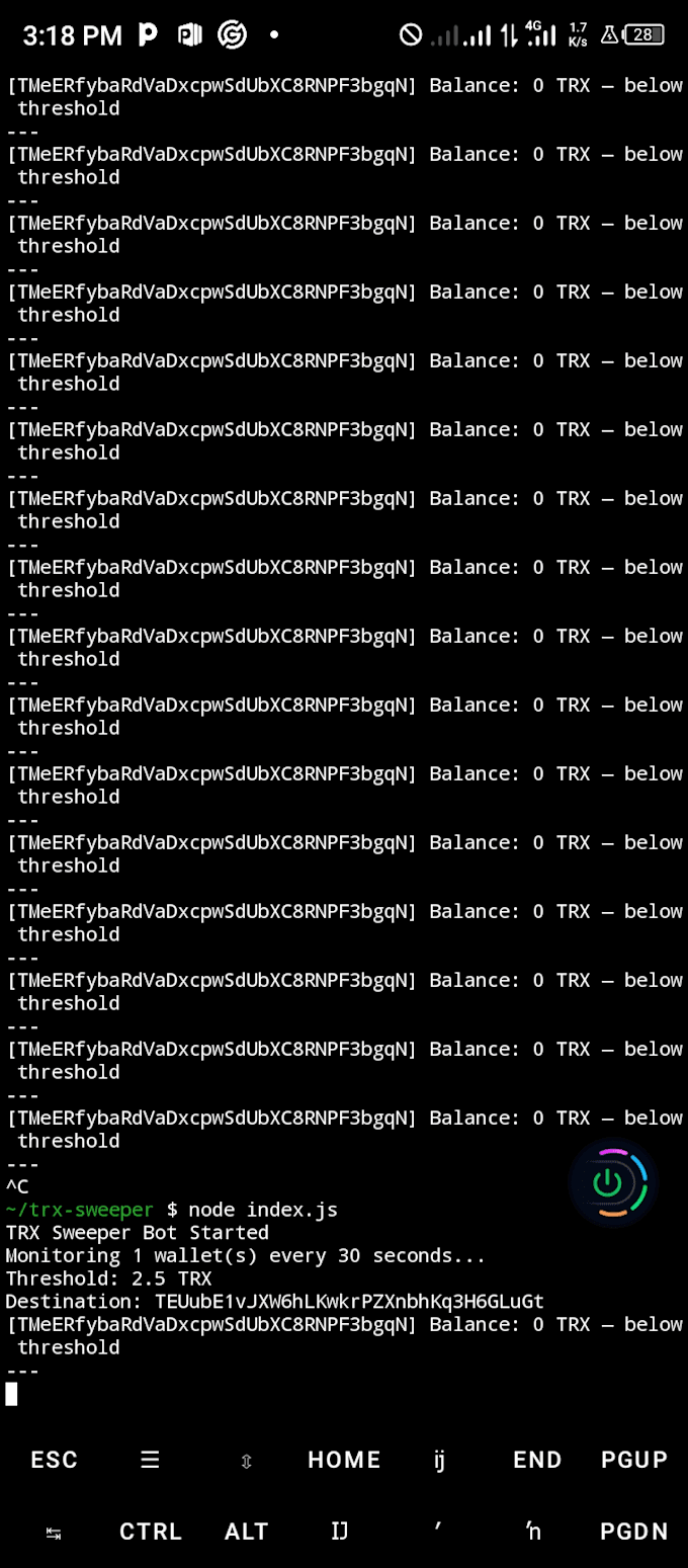 create trx auto sweeper bot for tron wallets using termux
