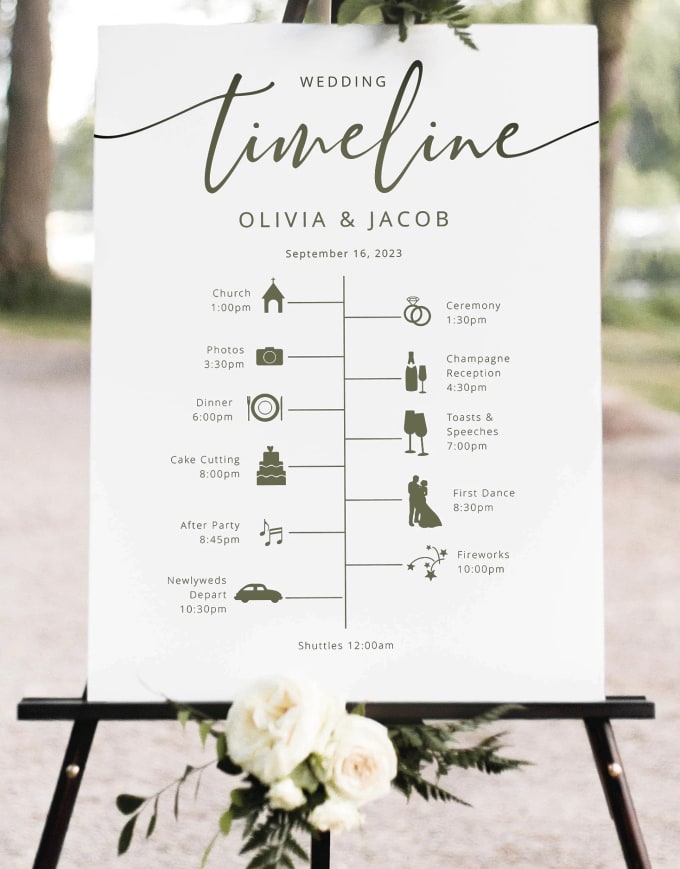 do wedding timeline, chart design, welcome sign within 2hrs