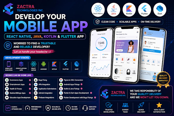develop your react native app, java, kotlin and flutter app
