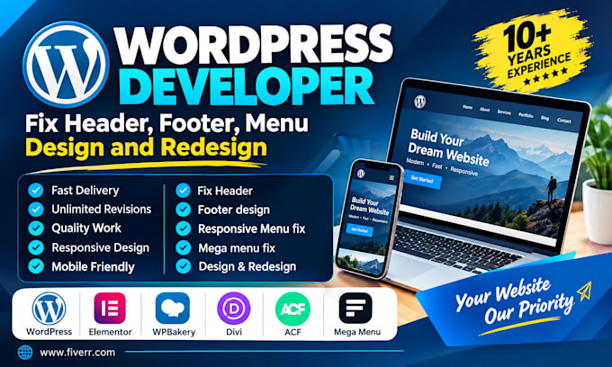 fix wp header, footer, wp bakery, mega menu, redesign, elementor