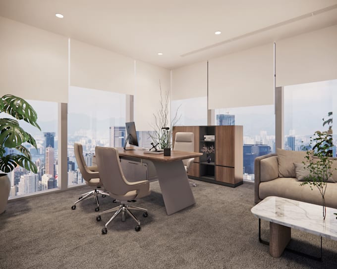 do modern office interior design and realistic 3d renders