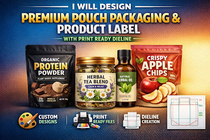 Design premium product packaging pouch box label with print ready files ...
