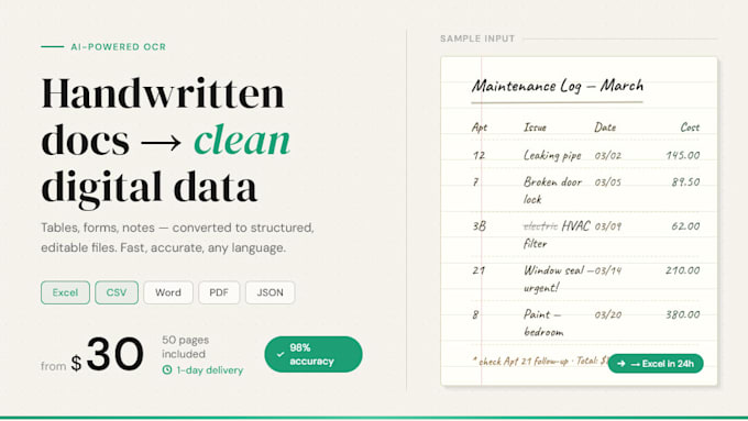 convert handwritten tables and documents to excel, word or PDF using ai