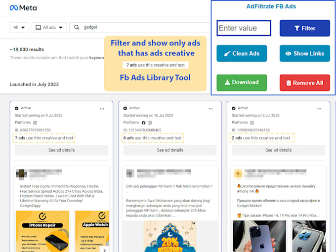 do facebook ads library extension tool for filter creative ads