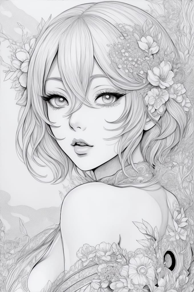 Create realistic anime characters for adult coloring book by ...
