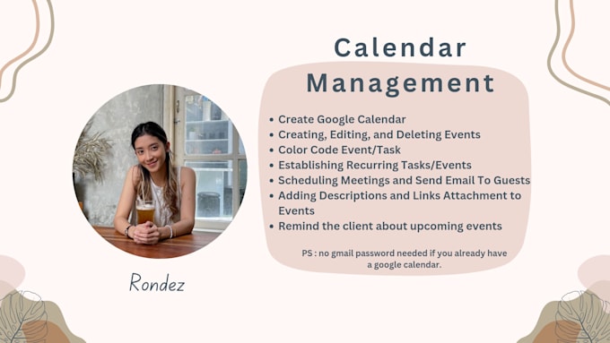 Manage your google calendar as virtual assistant by Ronadesisanchez Manage your google calendar as virtual assistant by Ronadesisanchez