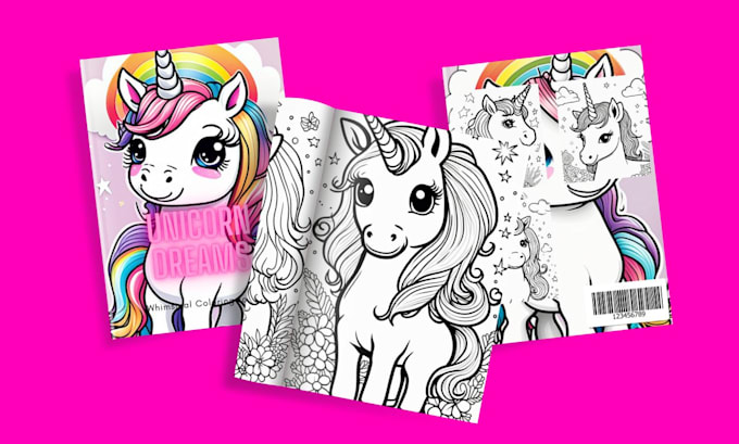 create coloring book pages and book cover for unicorn
