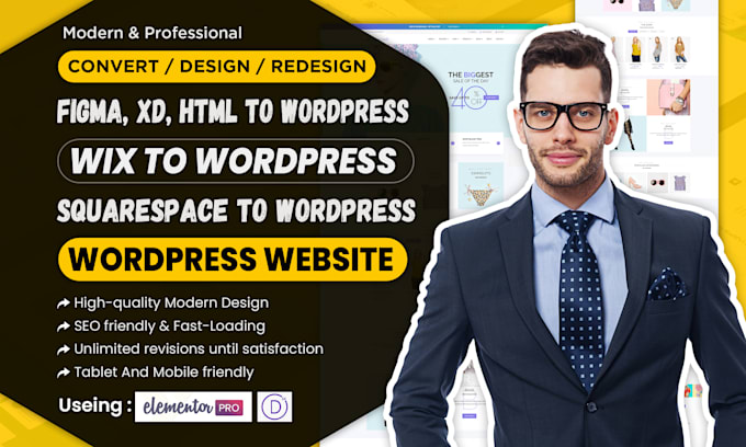 convert figma, xd,HTML, squarespace, wix to wordpress website elementor pro,divi
