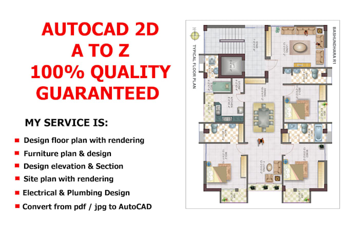 Draw autocad 2d floor plan house plan architectural floor plan design