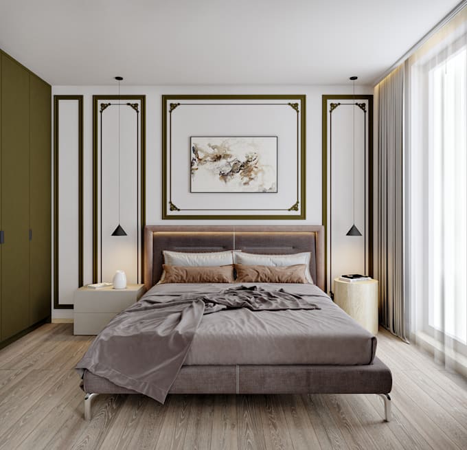 create bedroom interior design and photorealistic render