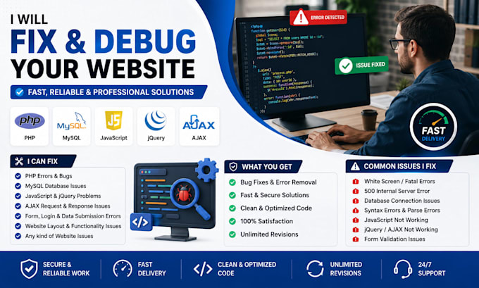 fix and debug your website using PHP, mysql, javascript, jquery, and ajax