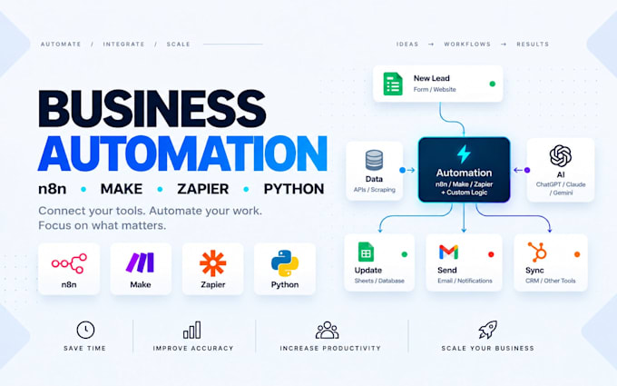 build ai automation, n8n workflows, ai agents, zapier and make