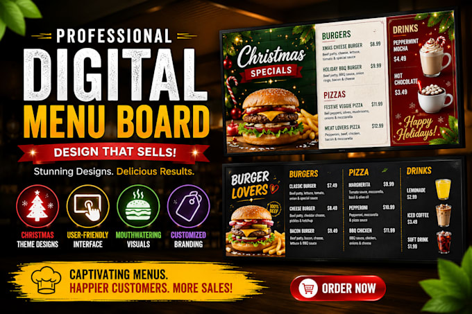 design a digital menu board, screen menu, or animated TV menu