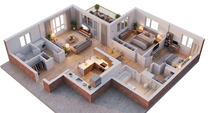 do architecture isometric 3d floor plan, interior exterior rendering in sketchup