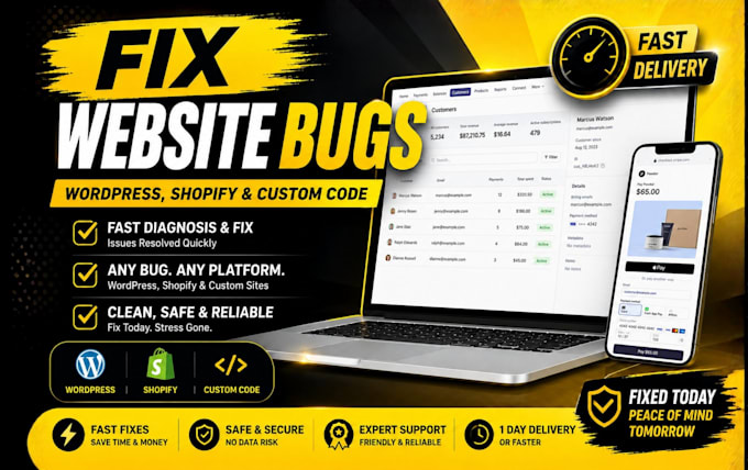 fix website bugs wordpress, shopify, and custom code fast
