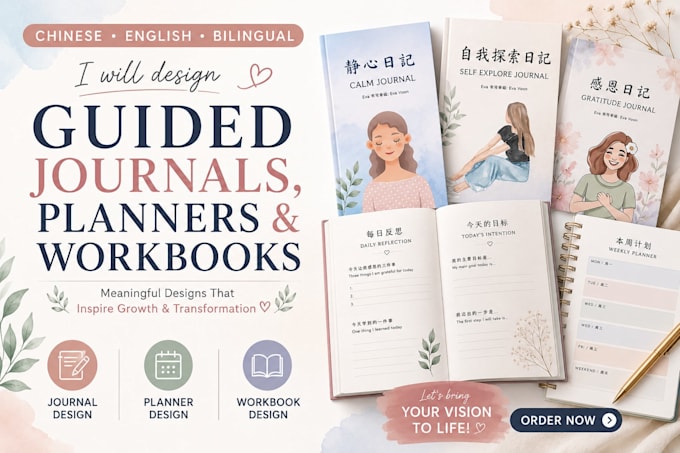 design guided journals, planners and workbooks