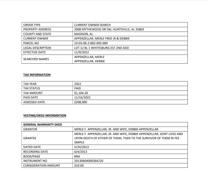 do title search, property search, chain of title for the real estate property US