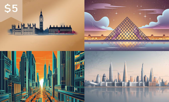 create a city skyline, landmarks, silhouette and cityscapes