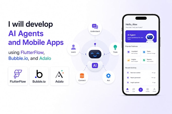 develop ai agents and mobile apps using flutterflow bubbleio and adalo
