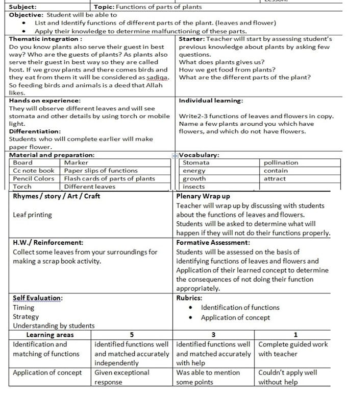 make lesson plans for your class in urdu and english
