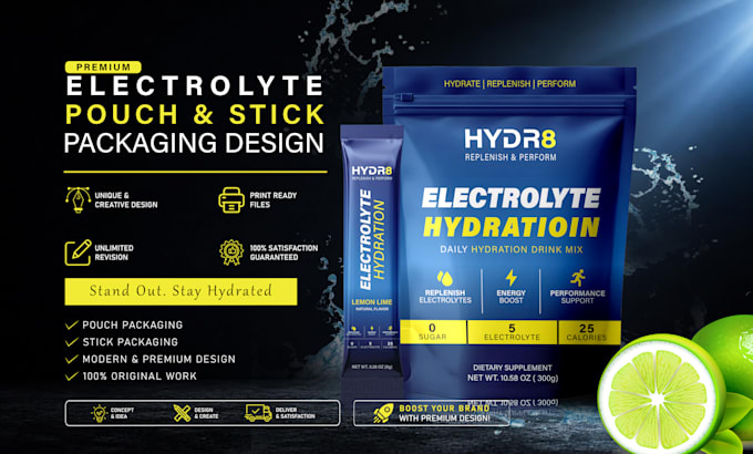 premium pouch packaging, electrolyte stick pack and sachet design