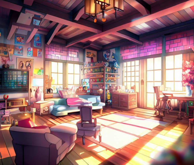 Draw anime background vtuber, visual novel, interior design living room ...