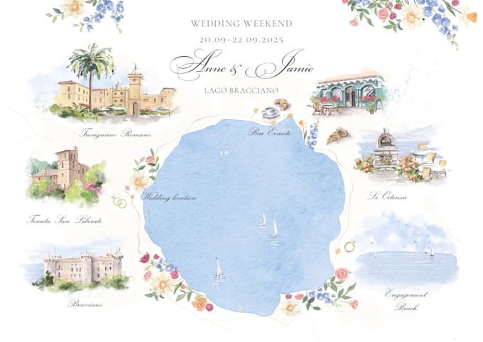 create a hand drawn wedding map with venue illustrations