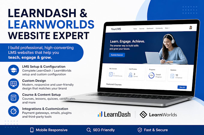 design a learndash lms website with courses and student dashboards