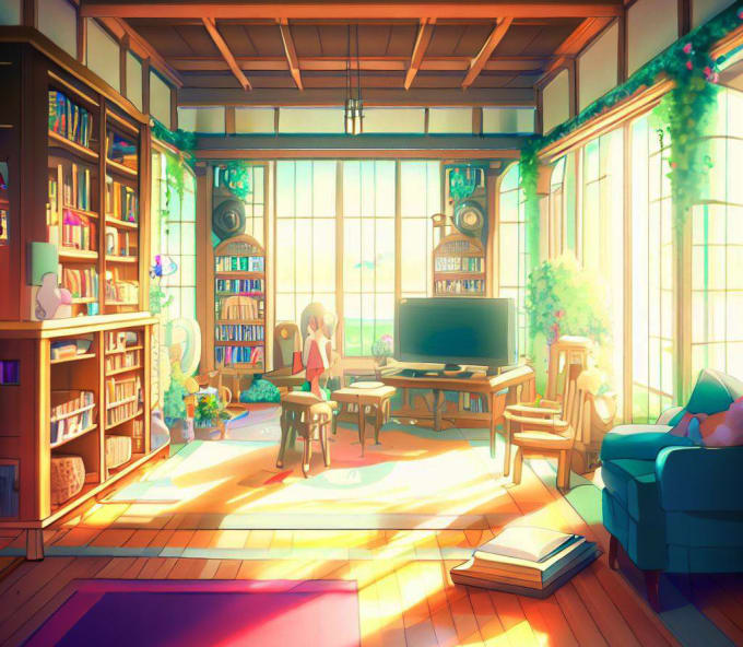 Lofi living room, beautiful chill, atmospheric wallpaper. background.  lo-fi, hip-hop style. Anime and manga style. Stock Illustration | Adobe  Stock