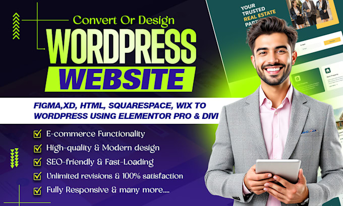 convert figma,xd, HTML, squarespace, wix to wordpress website elementor pro,divi