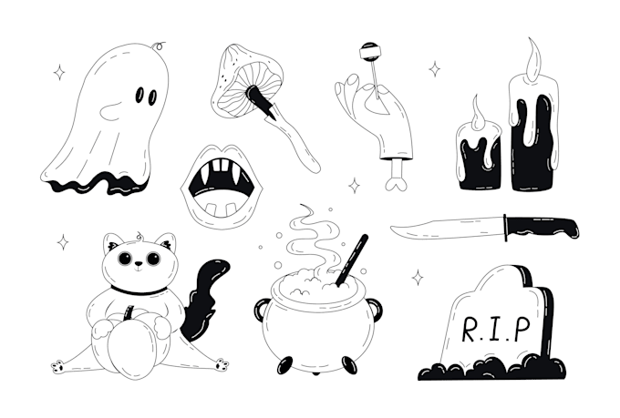 draw illustrations and stickers in doodle and line art style