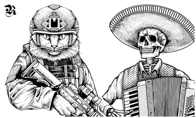 make a black and white detailed vector illustration