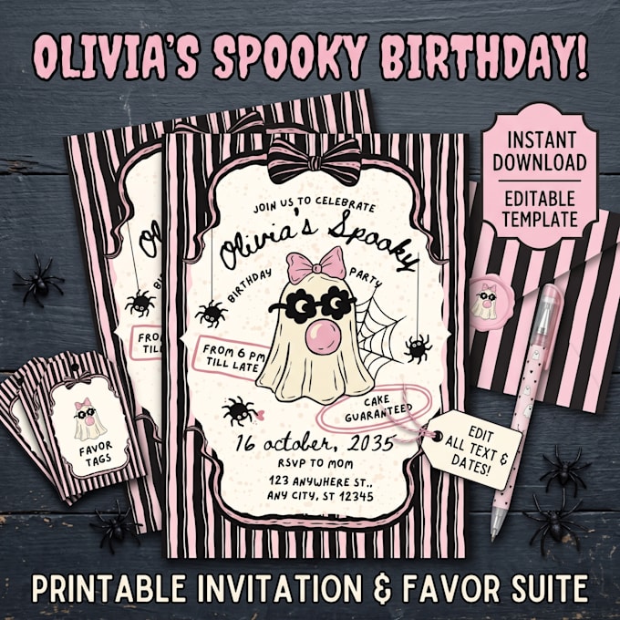 design a spooky halloween birthday invitation and party suite