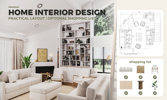 design 3d living room, bedroom interior with shopping list