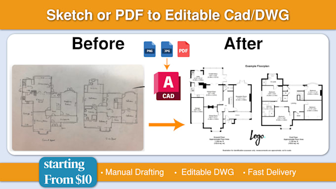 convert your PDF, hand sketch, or image to editable dwg