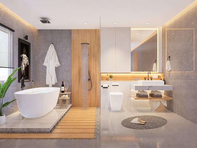 create a modern, realistic 3d bathroom design and walkthrough video