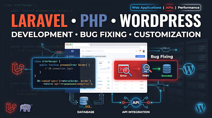 develop and debug laravel websites with PHP and wordpress fixes