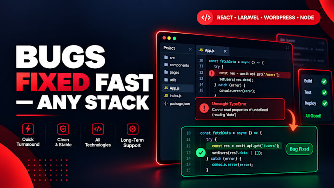 fix bugs in react nextjs PHP laravel wordpress shopify and nodejs