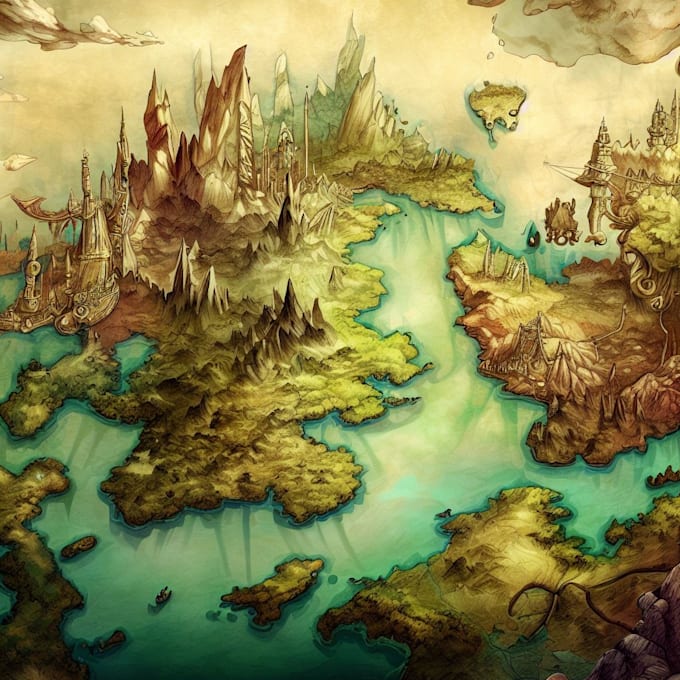 Illustrate a hand drawn a fantasy map illustration for you by