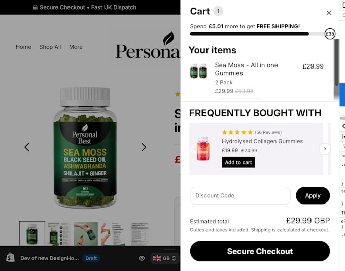 do free shipping upsell with progress bar in shopify cart without app
