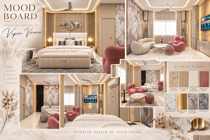 create modern interior design, 3d rendering and mood board