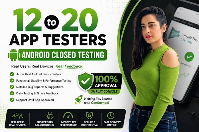 provide 12 testers for google play closed testing and android app testing