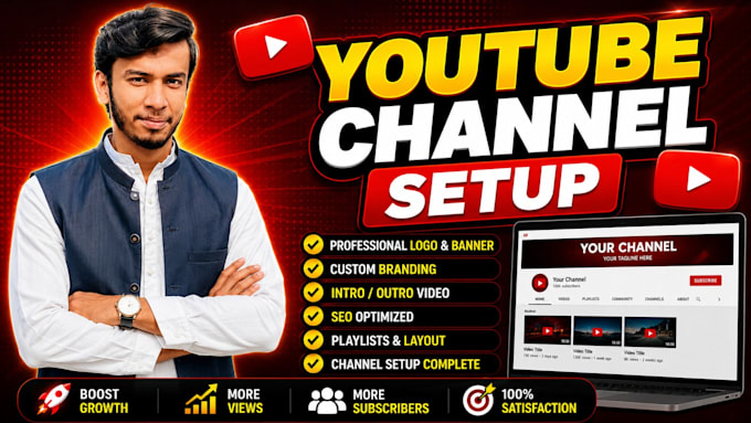 create, setup youtube channel with logo, art, intro, outro